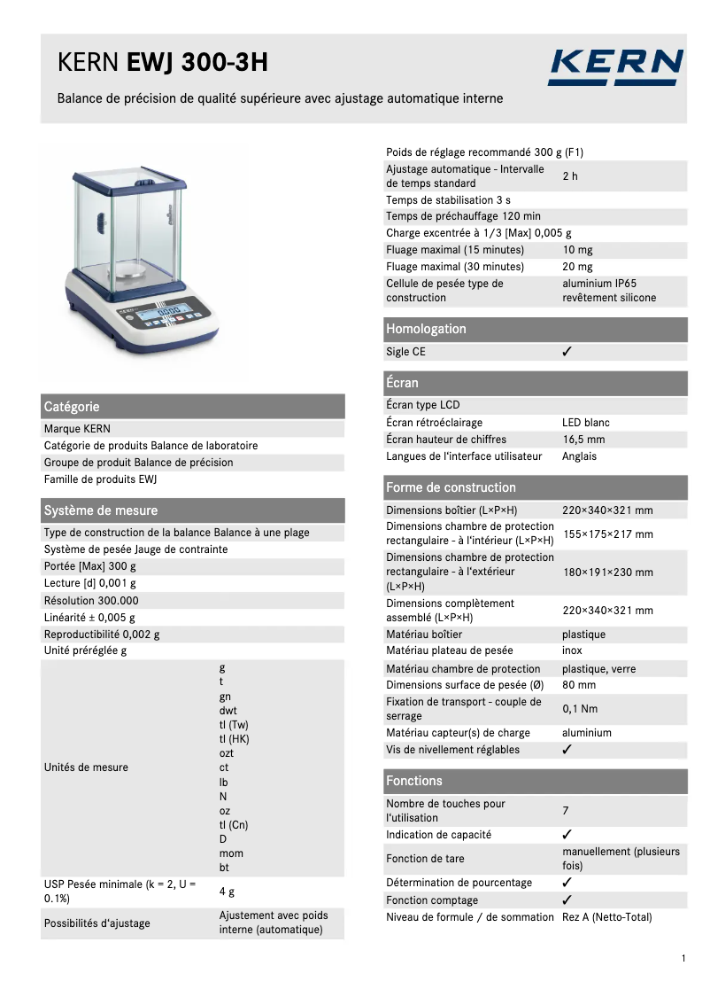 Page 1 de la notice Fiche technique Kern EWJ 300-3H