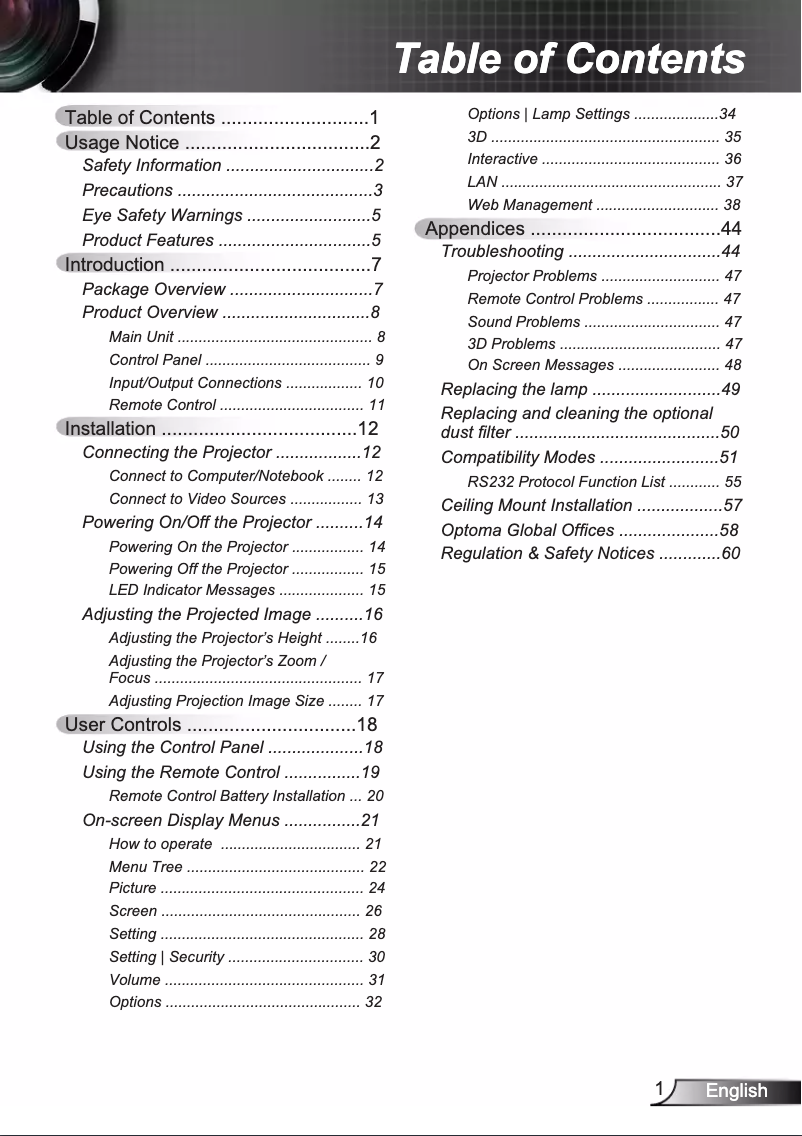 Page 1 de la notice Manuel utilisateur Optoma X307USTi