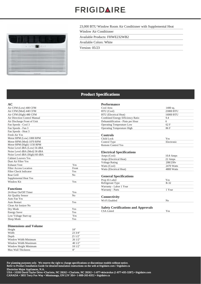 Page n°1 - Fiche technique Frigidaire FHWE232WB2