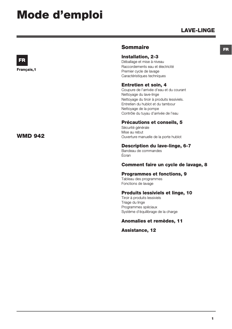 Page 1 de la notice Manuel utilisateur Hotpoint Ariston WMD 942 B FR