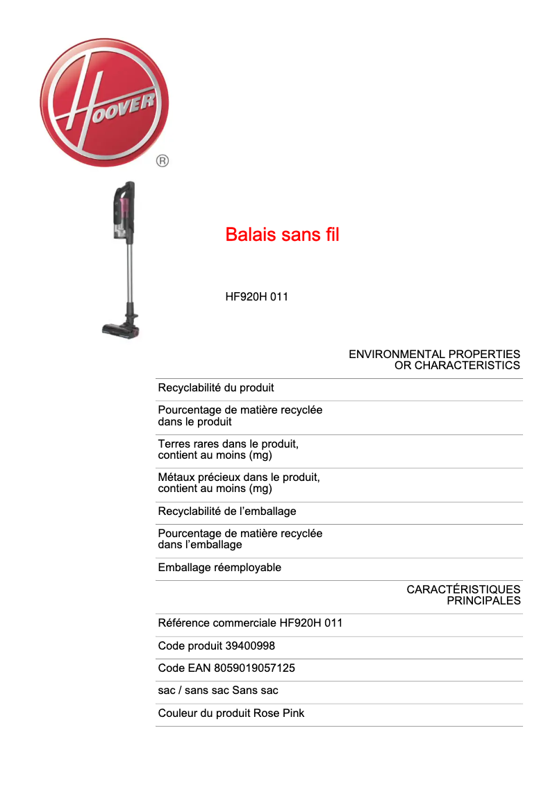 Image de la première page du manuel de l'appareil HF920H 011