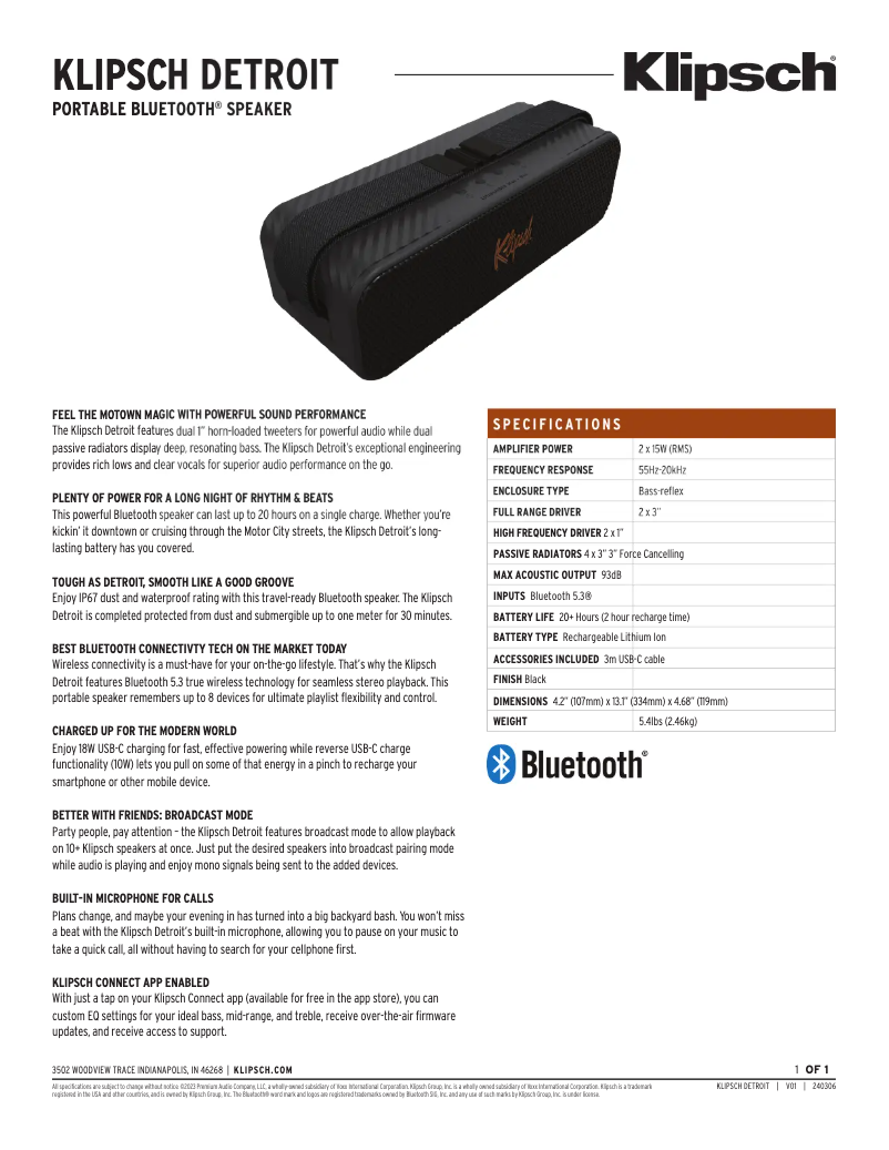 Page n°1 - Fiche technique Klipsch Detroit