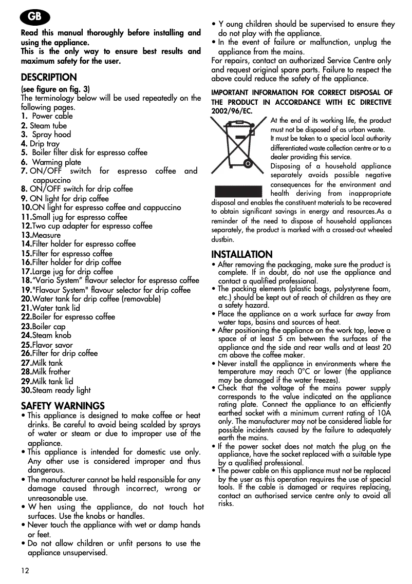 Page 1 de la notice Manuel utilisateur DeLonghi BCO 130