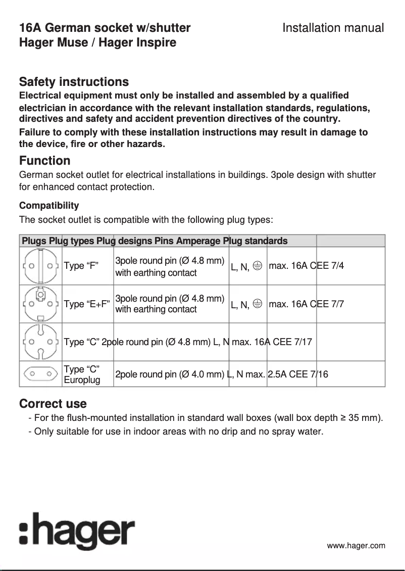 Page 1 de la notice Manuel utilisateur Hager WGCXS116SNB
