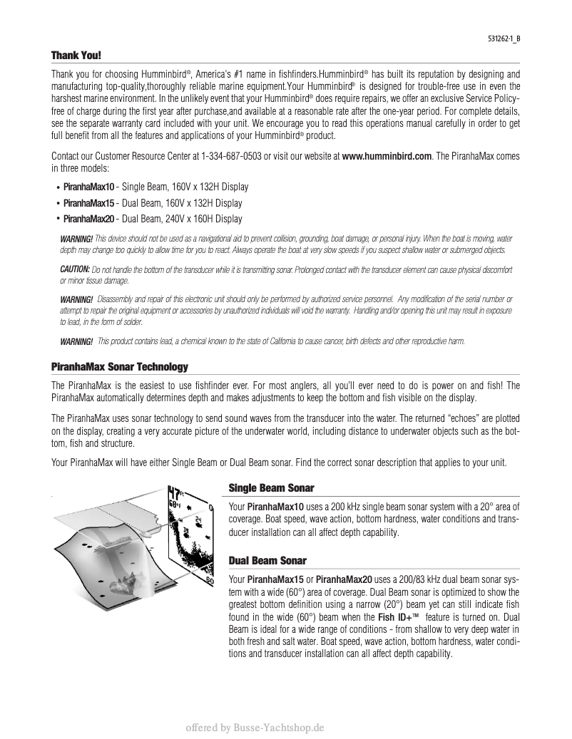 Page 1 de la notice Manuel utilisateur Humminbird PiranhaMax 10