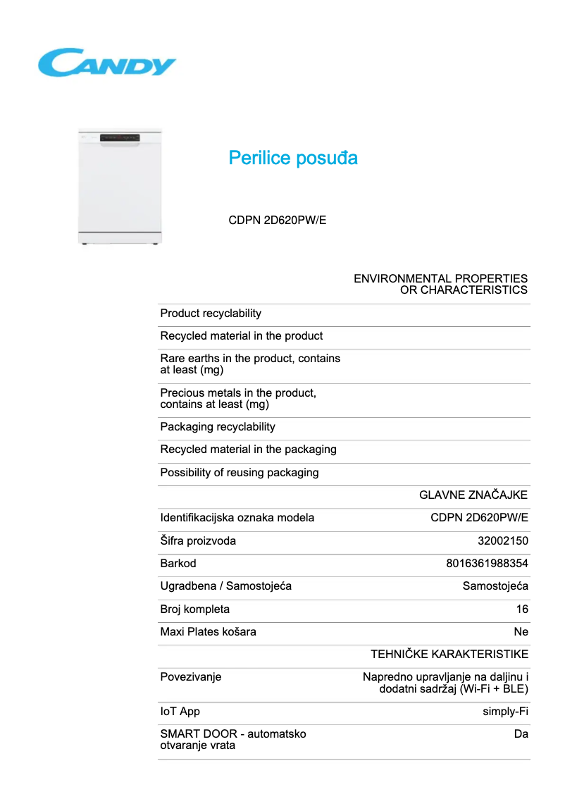 Page 1 de la notice Fiche technique Candy CDPN 2D620PW/E