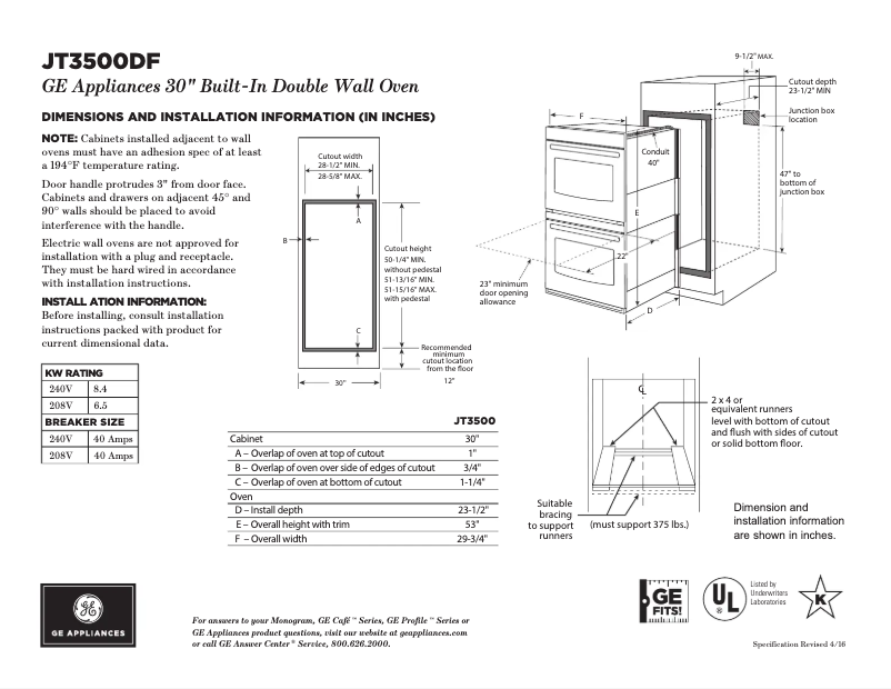 Page 1 de la notice Fiche technique GE JT3500DFCC