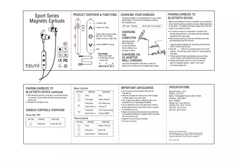 Page n°1 - Manuel utilisateur Tzumi Sport Series Magnetic Earbuds