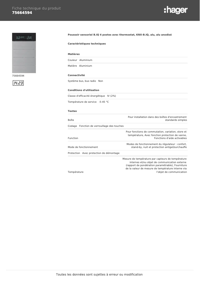 Page 1 de la notice Fiche technique Hager 75664594