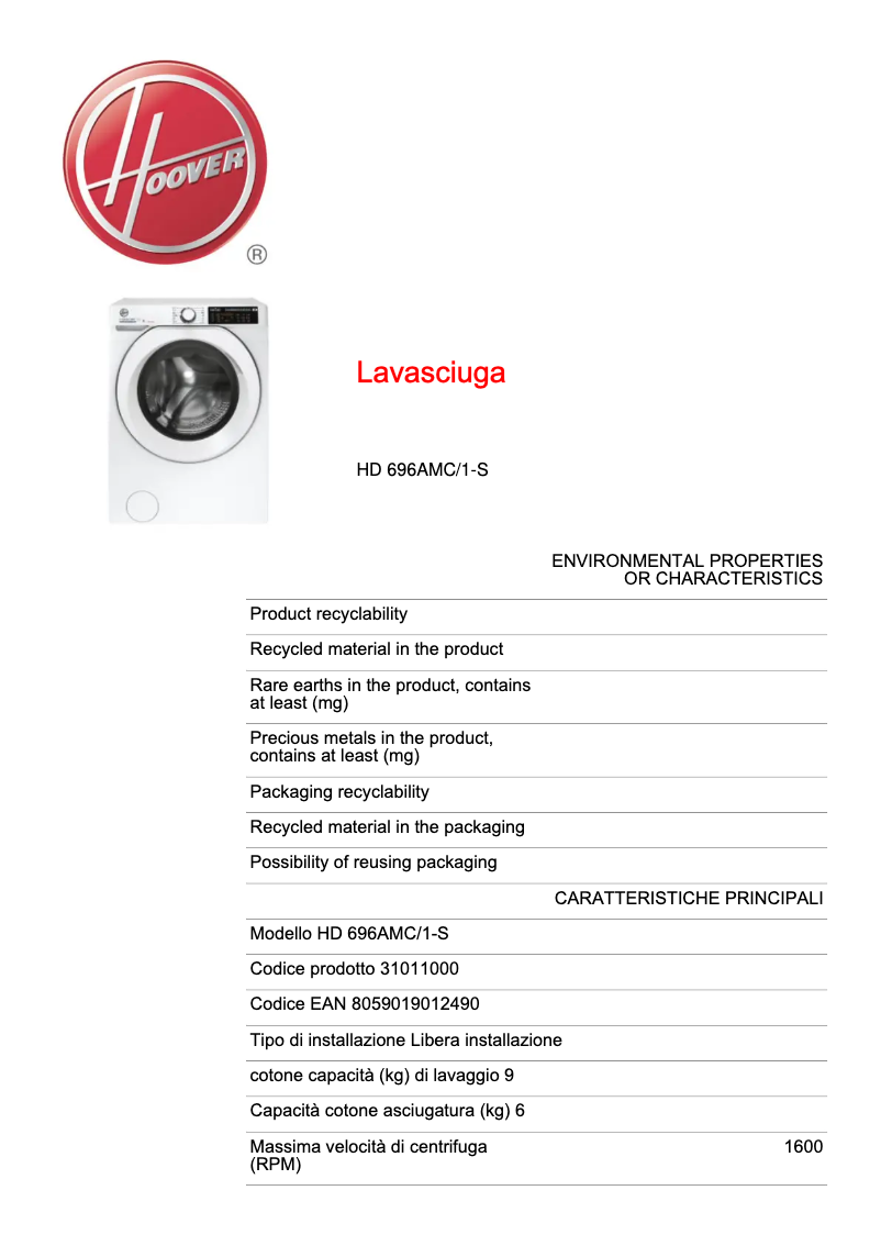 Page 1 de la notice Fiche technique Hoover H-WASH&DRY 500 HD 696AMC/1-S