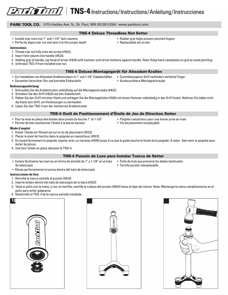 Page n°1 - Manuel utilisateur Park Tool TNS-4