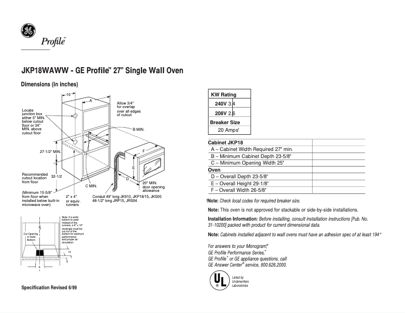 Page n°1 - Fiche technique GE Profile JKP18WAWW