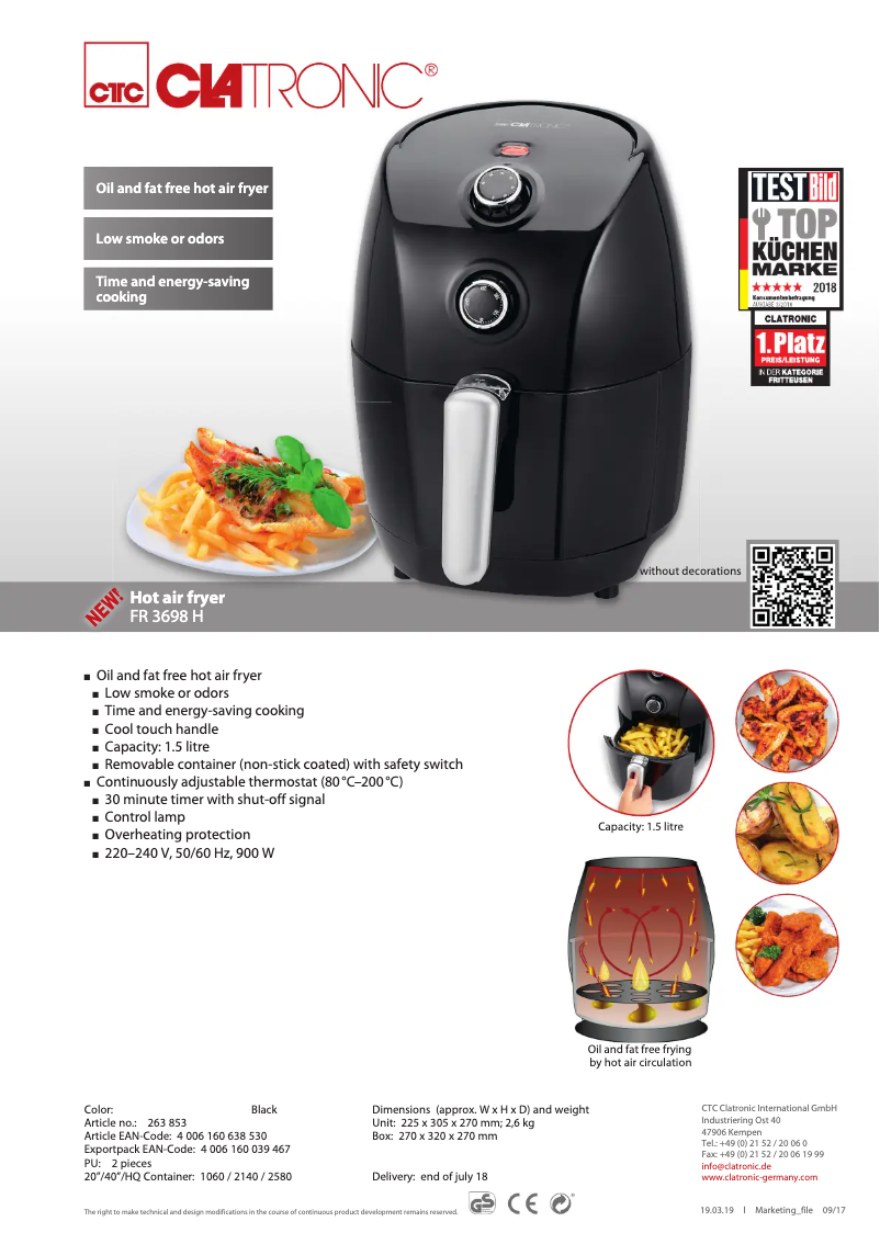 Page 1 de la notice Fiche technique Clatronic FR 3698 H