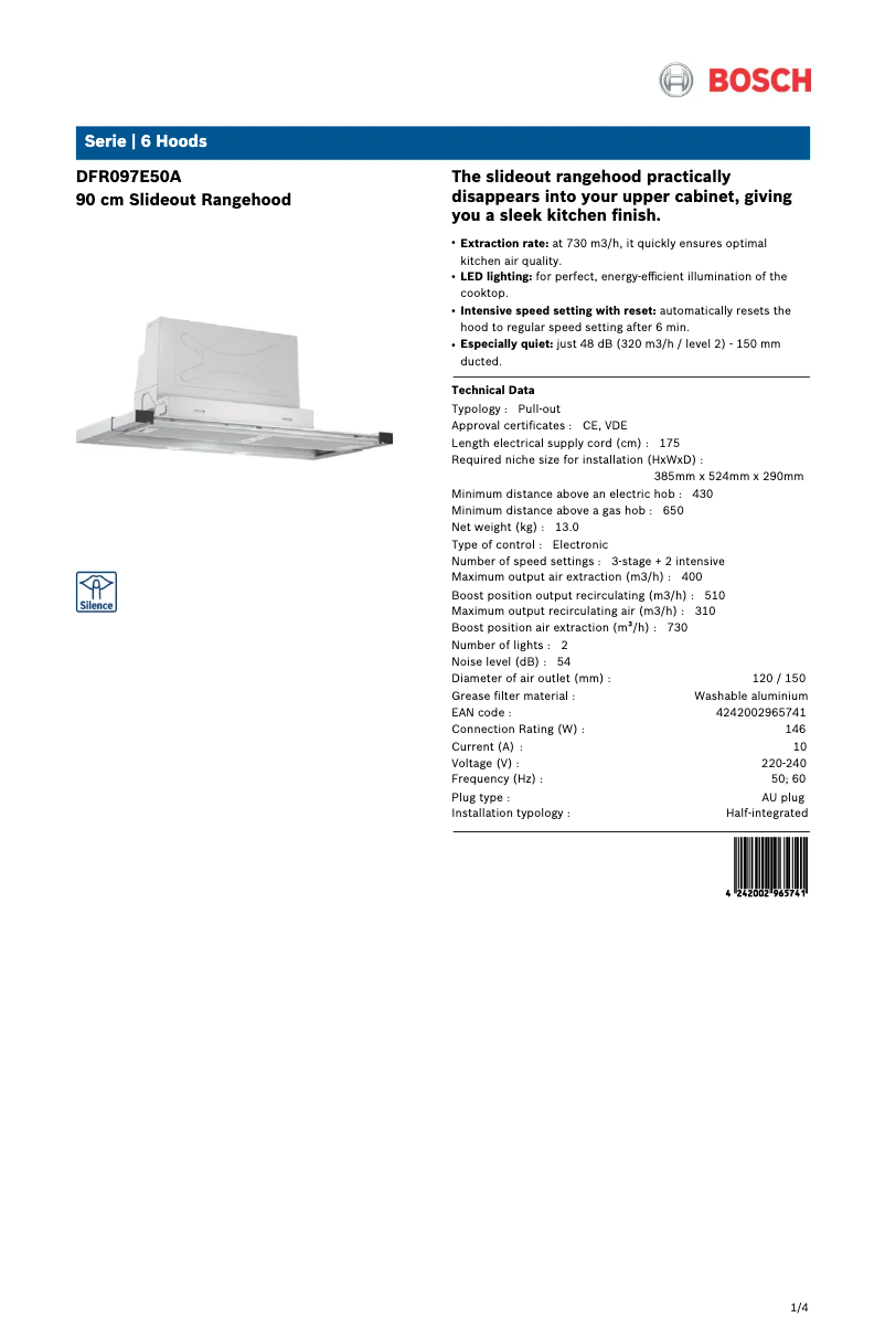 Page 1 de la notice Fiche technique Bosch DFR097E50A