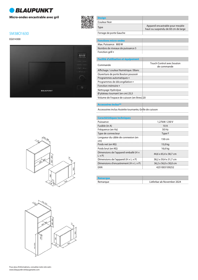 Page n°1 - Fiche technique Blaupunkt 5M38O1630