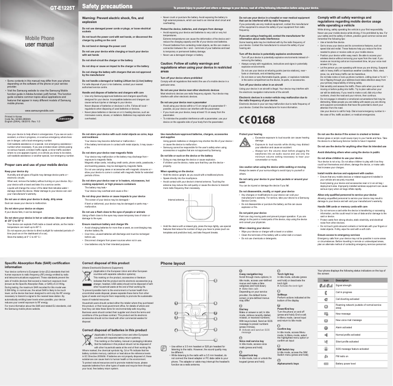 Page 1 de la notice Manuel utilisateur Samsung SGH-E1225