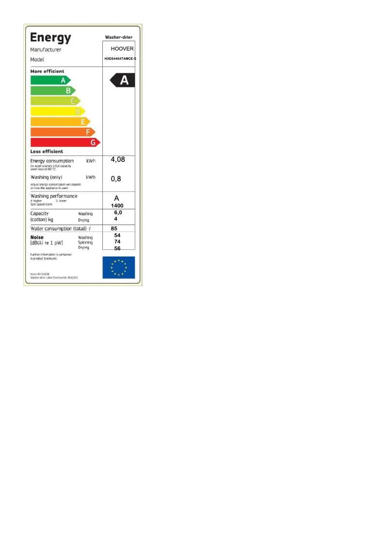Page 1 de la notice Label énergétique Hoover H-WASH 300 PLUS H3DS4464TAMCE-S