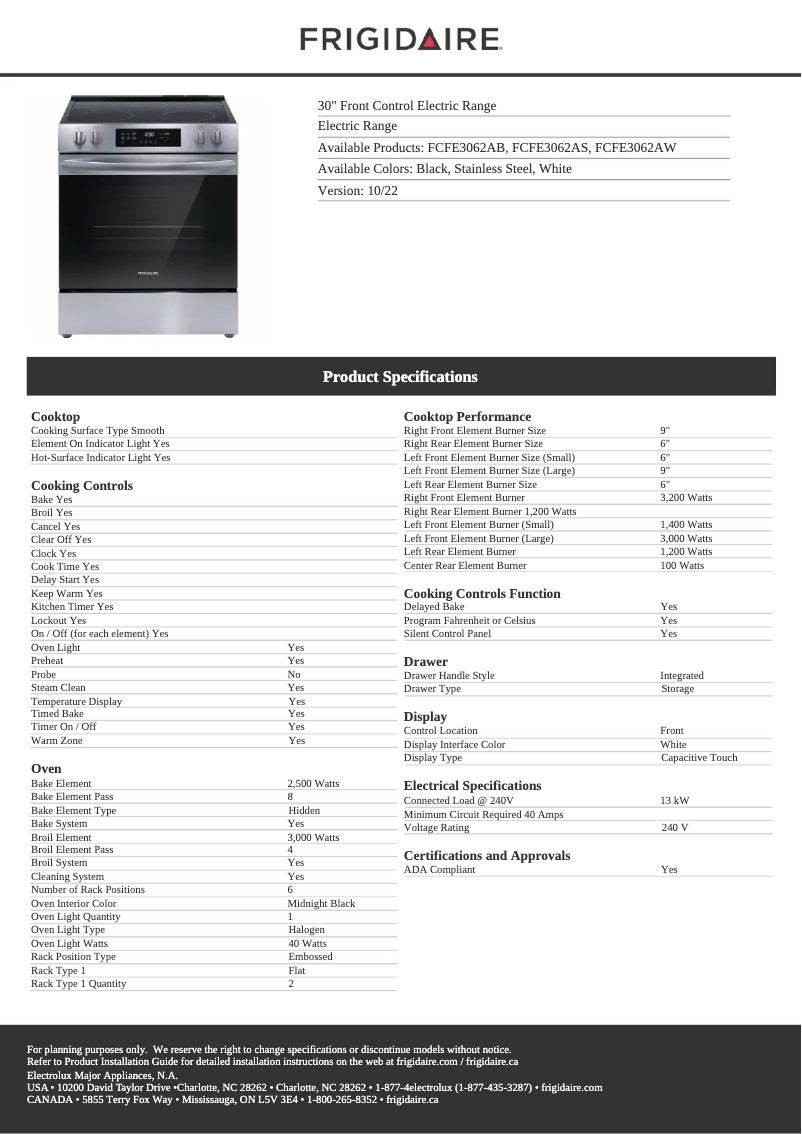 Page n°1 - Fiche technique Frigidaire FCFE3062AB
