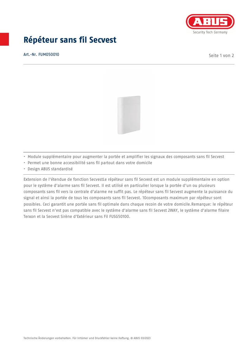 Page n°1 - Fiche technique Abus FUMO50010