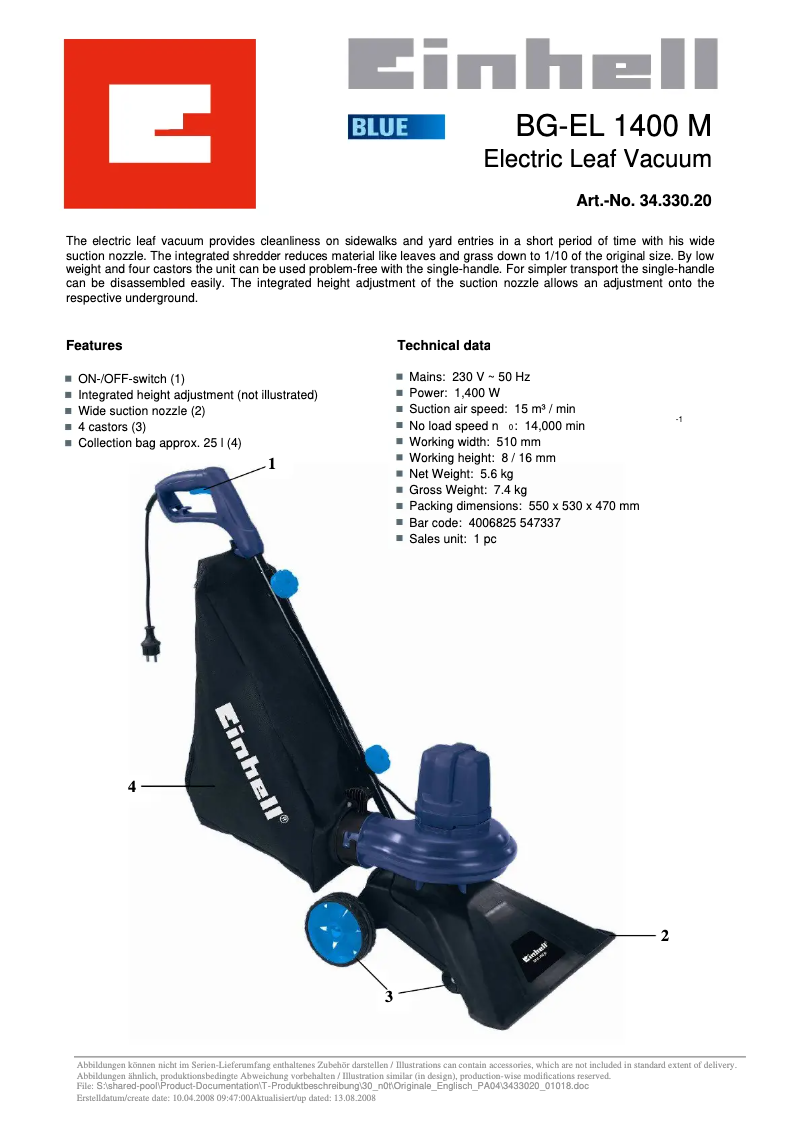 Page 1 de la notice Manuel utilisateur Einhell BG-EL 1400 M