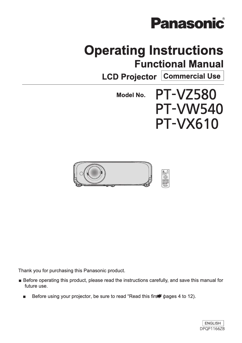 Page n°1 - Manuel utilisateur Panasonic PT-VZ580