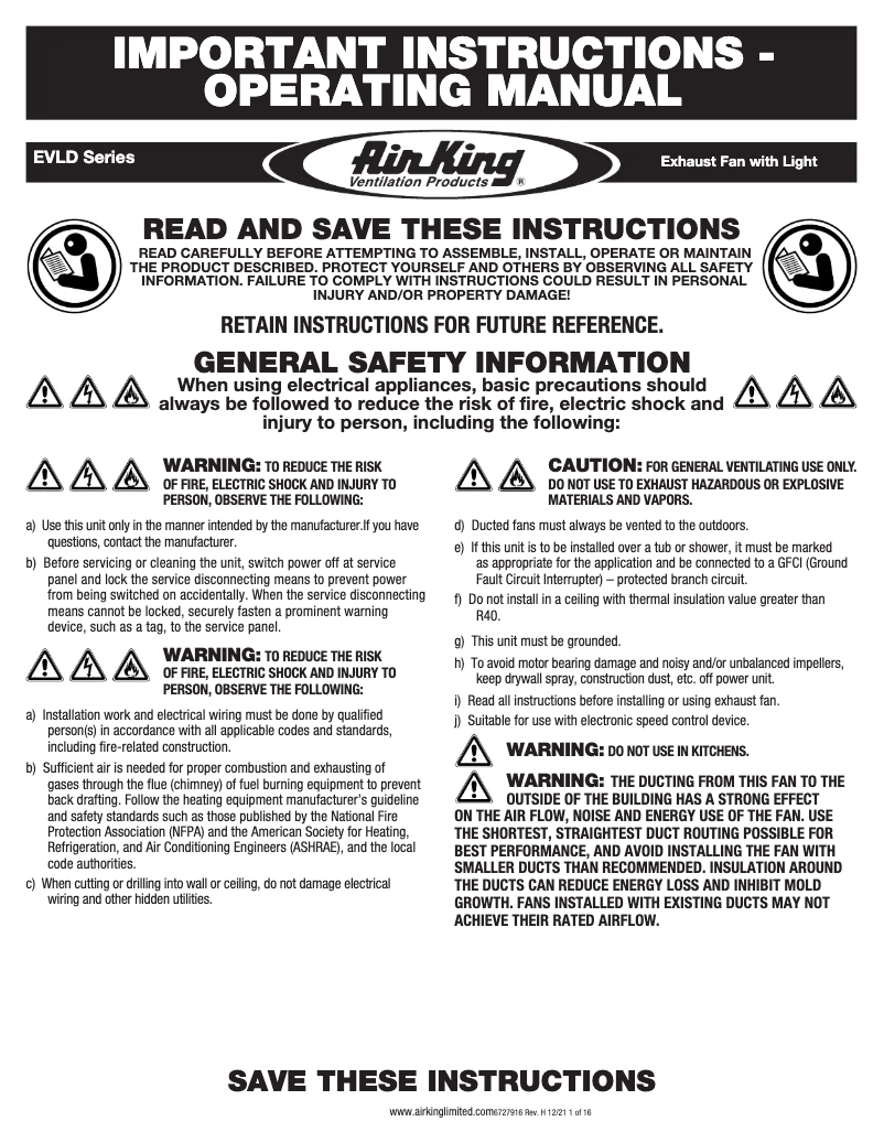 Page 1 de la notice Instructions / montage Air King EVLD