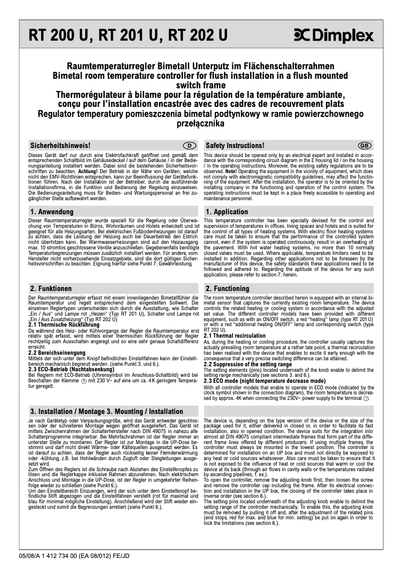 Page 1 de la notice Manuel utilisateur Dimplex RT 200 U