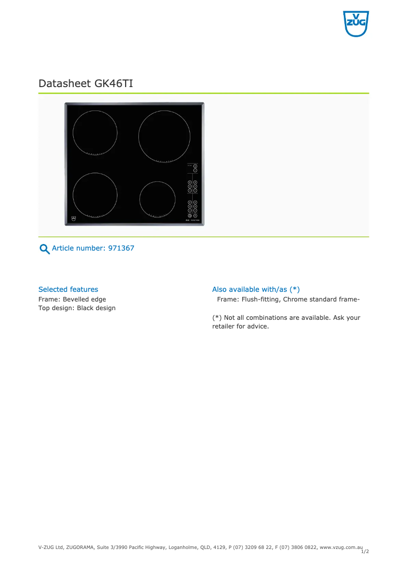 Page 1 de la notice Fiche technique V-Zug GK46TI