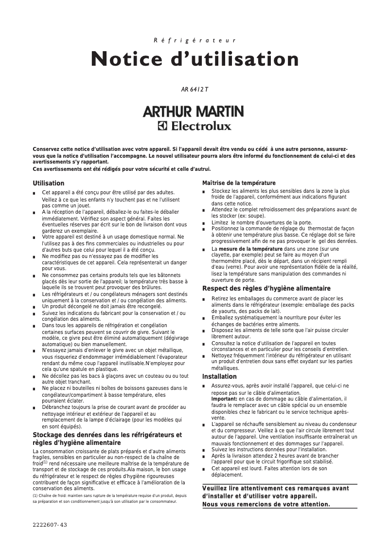 Page n°1 - Manuel utilisateur Arthur Martin-Electrolux AR6412T
