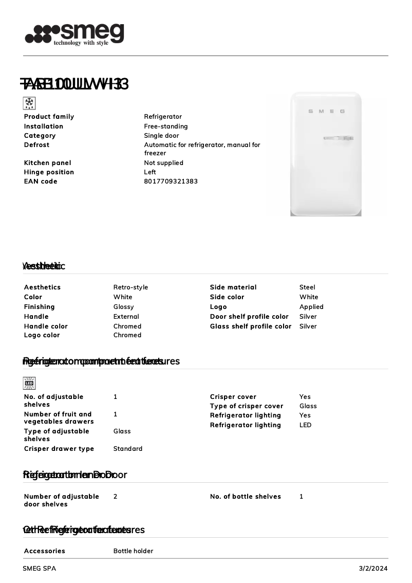 Page n°1 - Fiche technique Smeg FAB10ULWH3