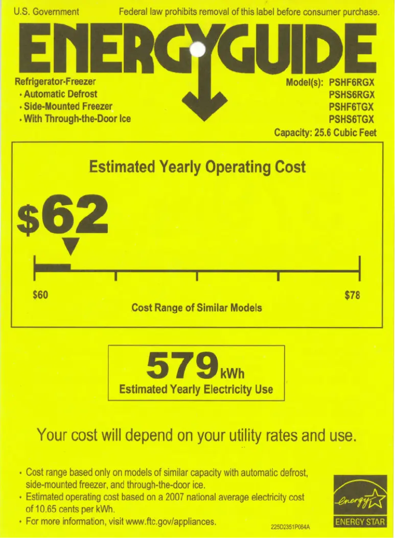 Page 1 de la notice Label énergétique GE Profile PSHF6RGXBB