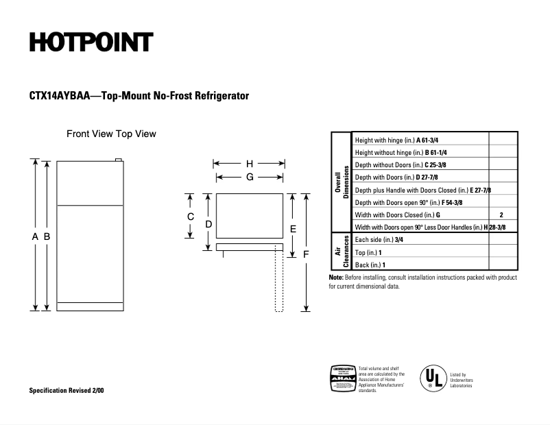Page 1 of the manual Technical Sheet Hotpoint CTX14AYBRAA