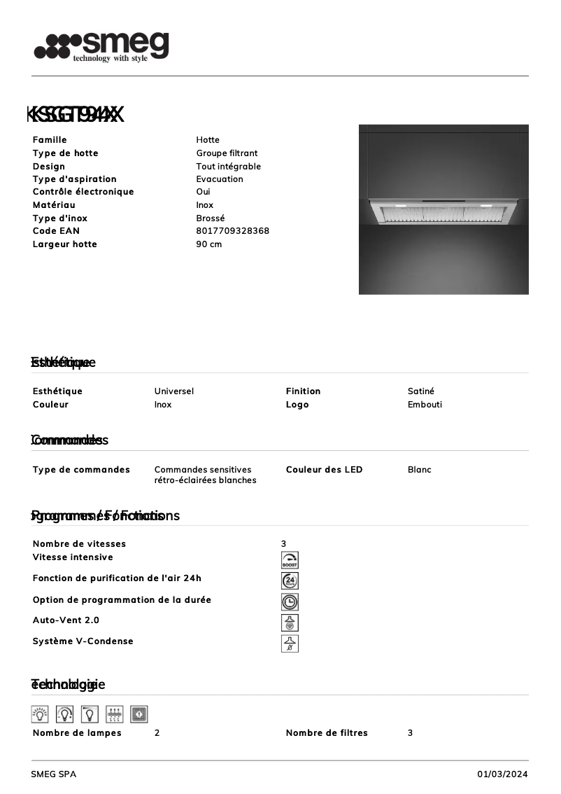 Page 1 de la notice Fiche technique Smeg KSGT94X