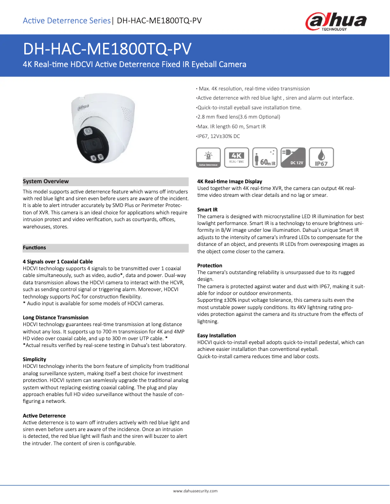 Page 1 de la notice Fiche technique Dahua Technology HAC-ME1800TQ-PV