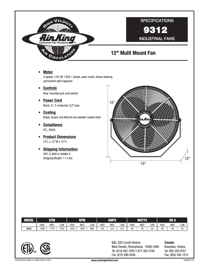Page 1 de la notice Fiche technique Air King 9312