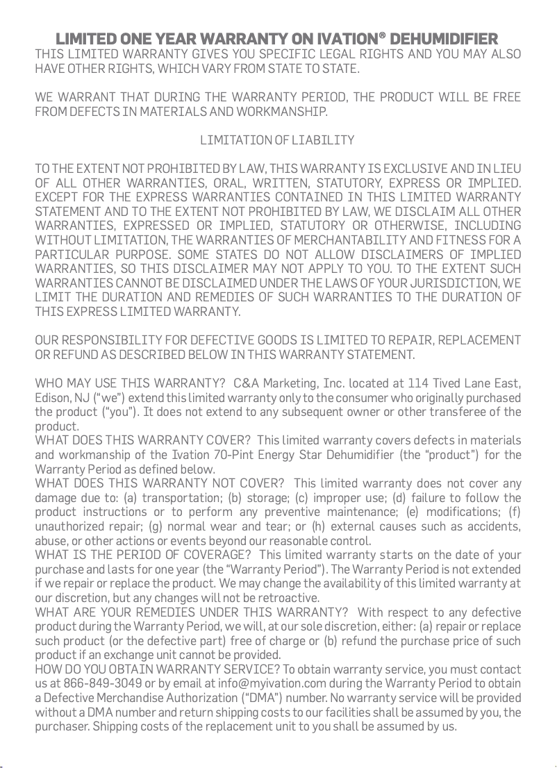 Page n°1 - Informations de garantie Ivation IVADDH06