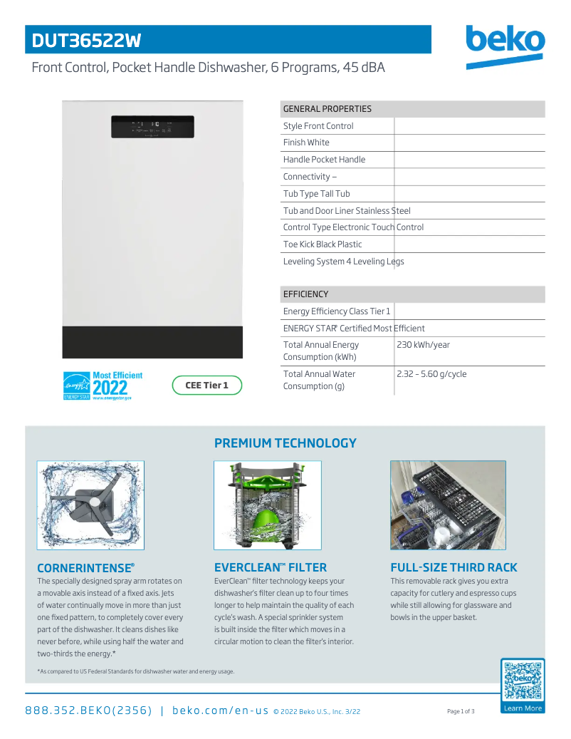 Page 1 de la notice Fiche technique Beko DUT36522W