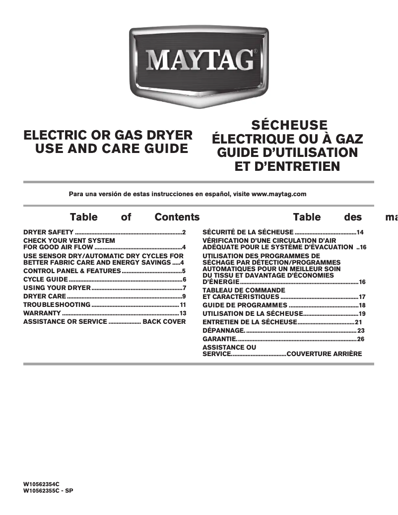 Page 1 de la notice Manuel utilisateur Maytag MGDC400BW
