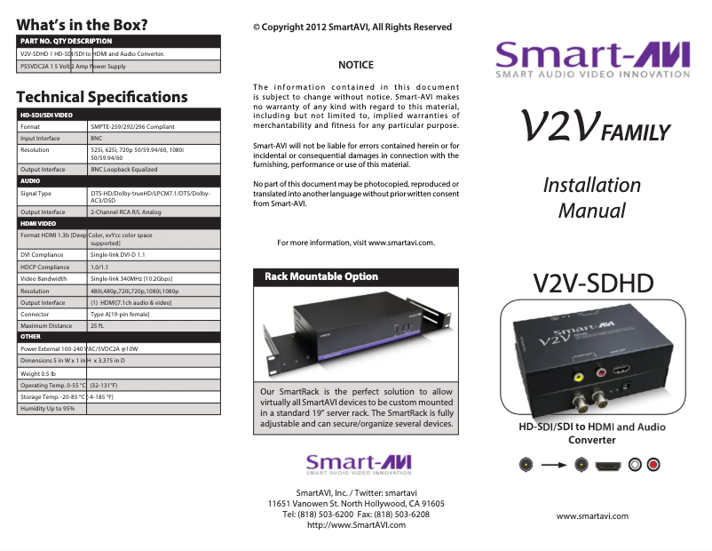Page 1 de la notice Manuel utilisateur Smart-AVI V2V-SDHD-S