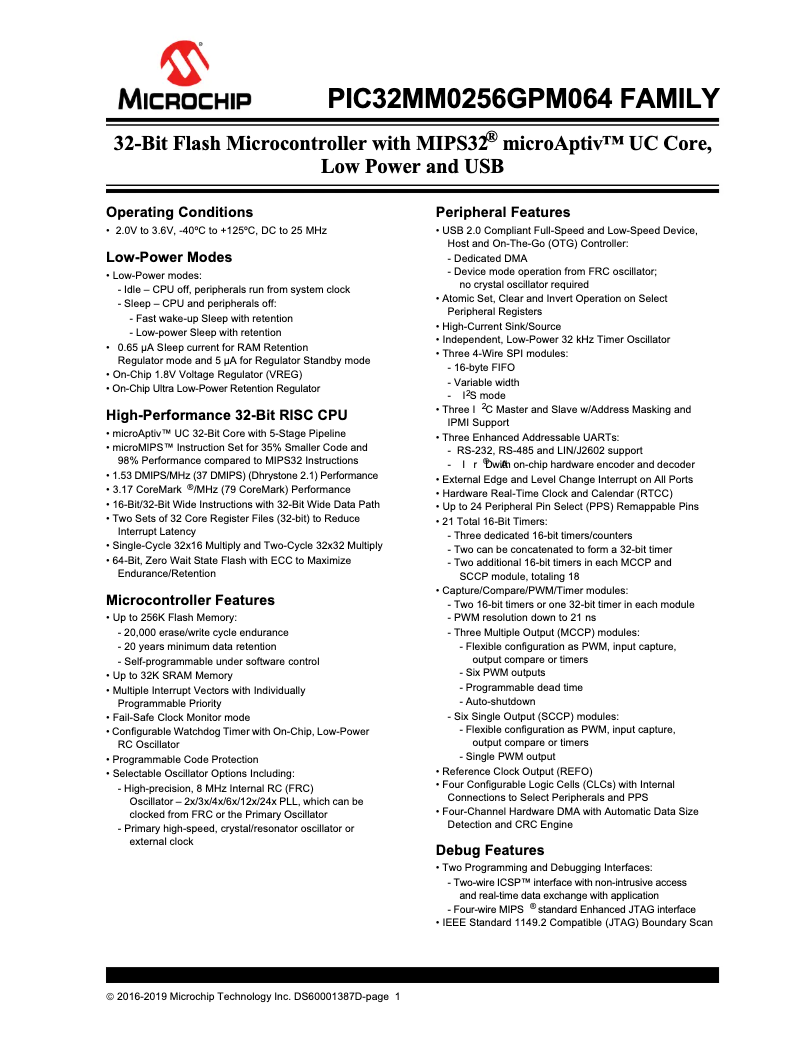 Page 1 de la notice Fiche technique Microchip PIC32MM0256GPM064