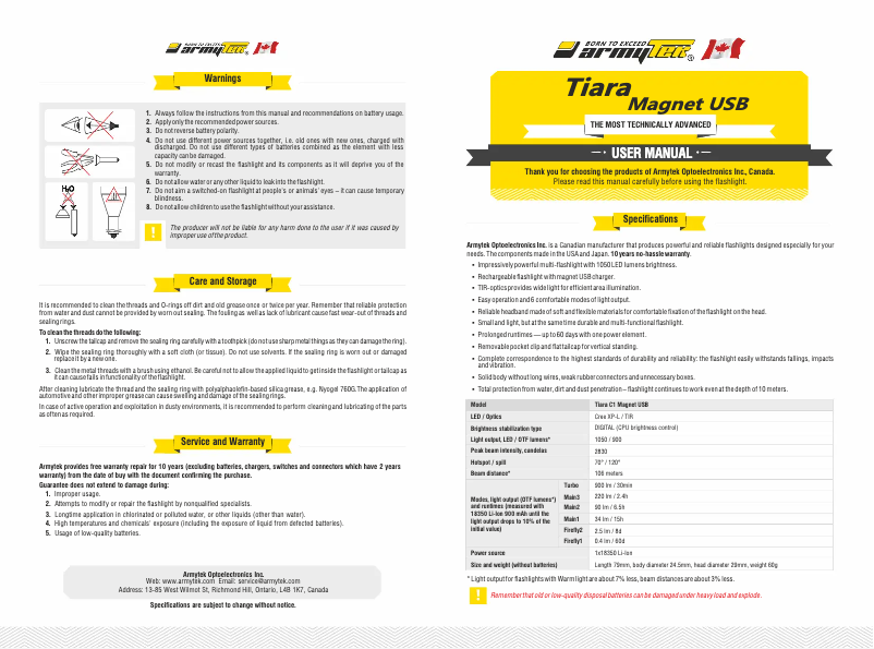 Page n°1 - Manuel utilisateur ArmyTek Tiara C1