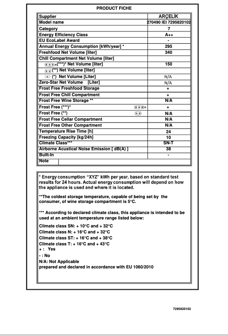 Page n°1 - Fiche technique Arçelik 270490 IEI