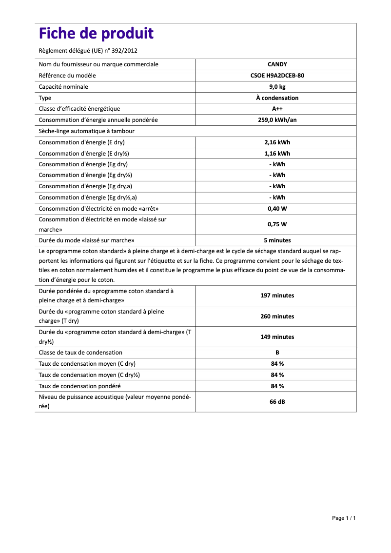 Page 1 de la notice Fiche technique Candy CSOE H9A2DCEB-80