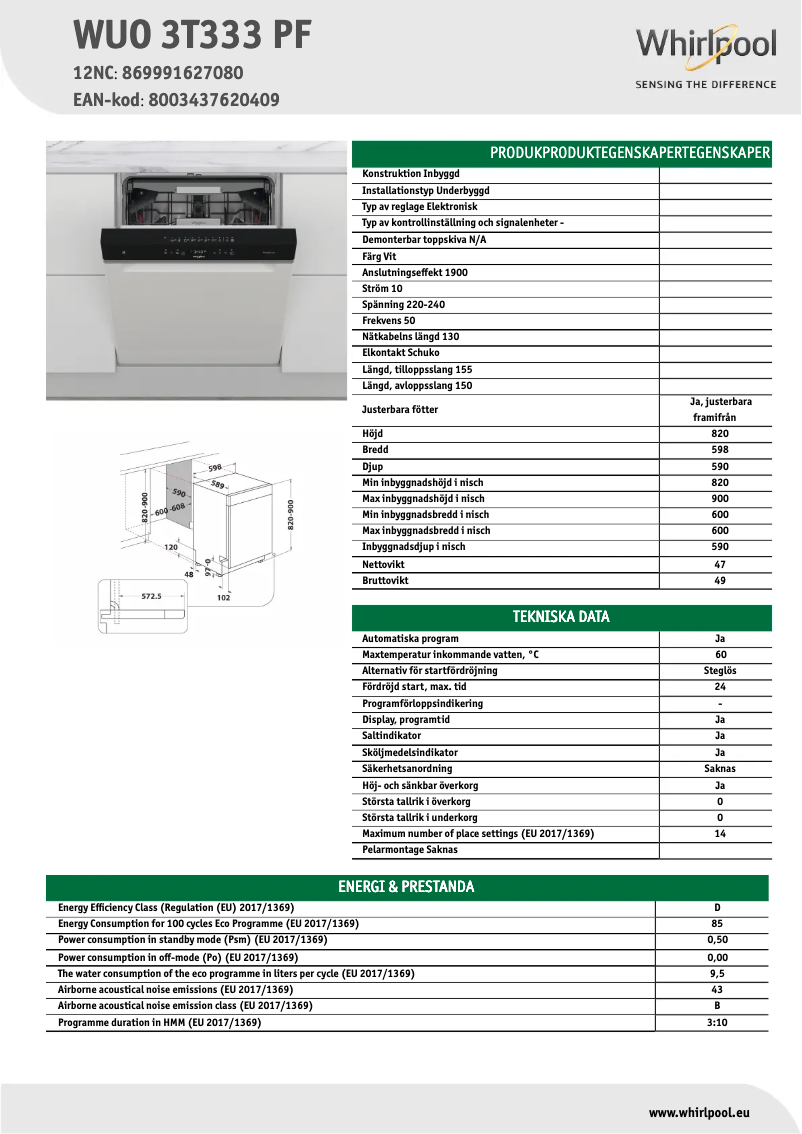 Page 1 de la notice Fiche technique Whirlpool WUO 3T333 PF