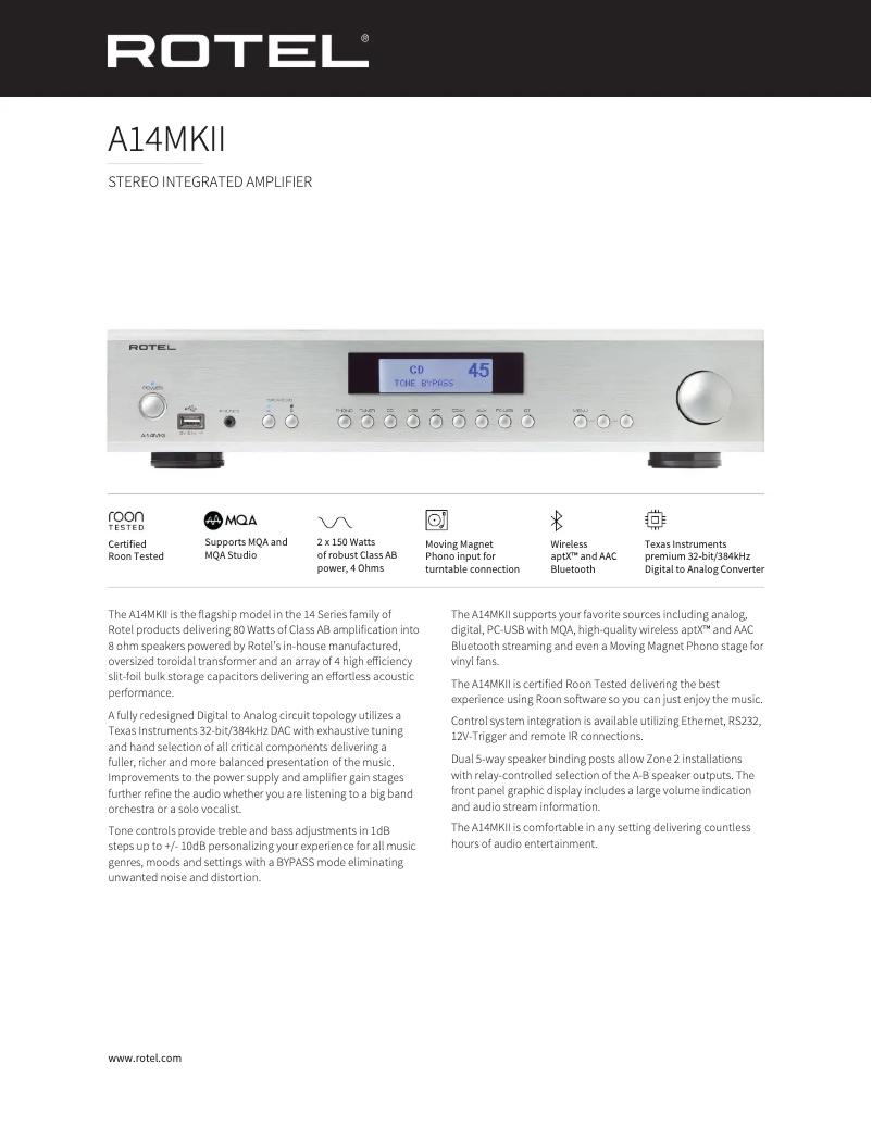 Page 1 de la notice Fiche technique Rotel A14 MKII