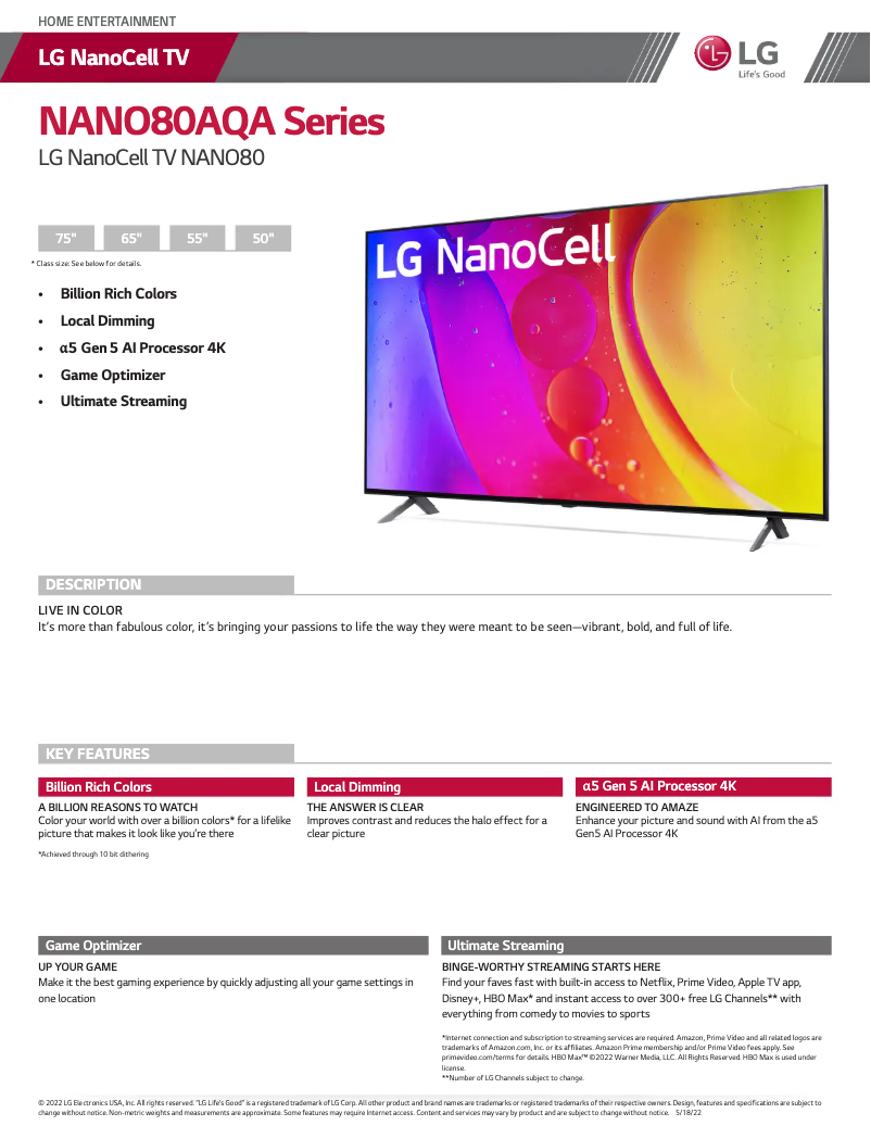 Page 1 de la notice Fiche technique LG 65NANO80AQA