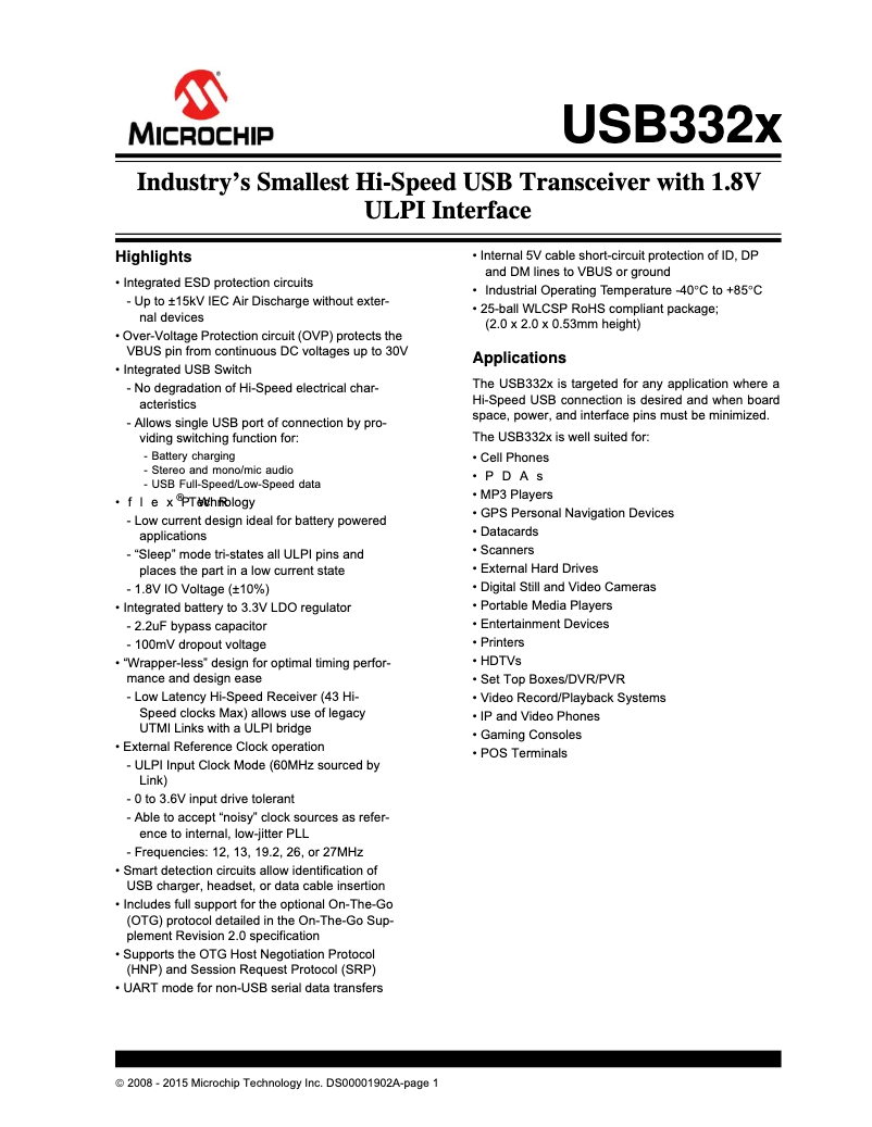 Página 1 del manual Ficha técnica Microchip USB3322