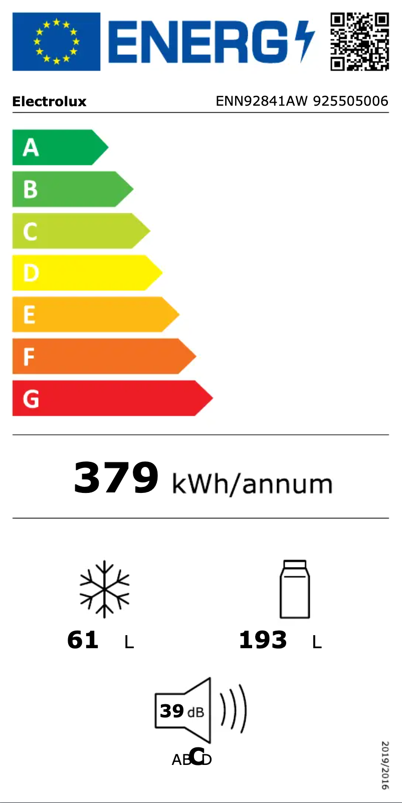 Page 1 de la notice Label énergétique Electrolux ENN92841AW