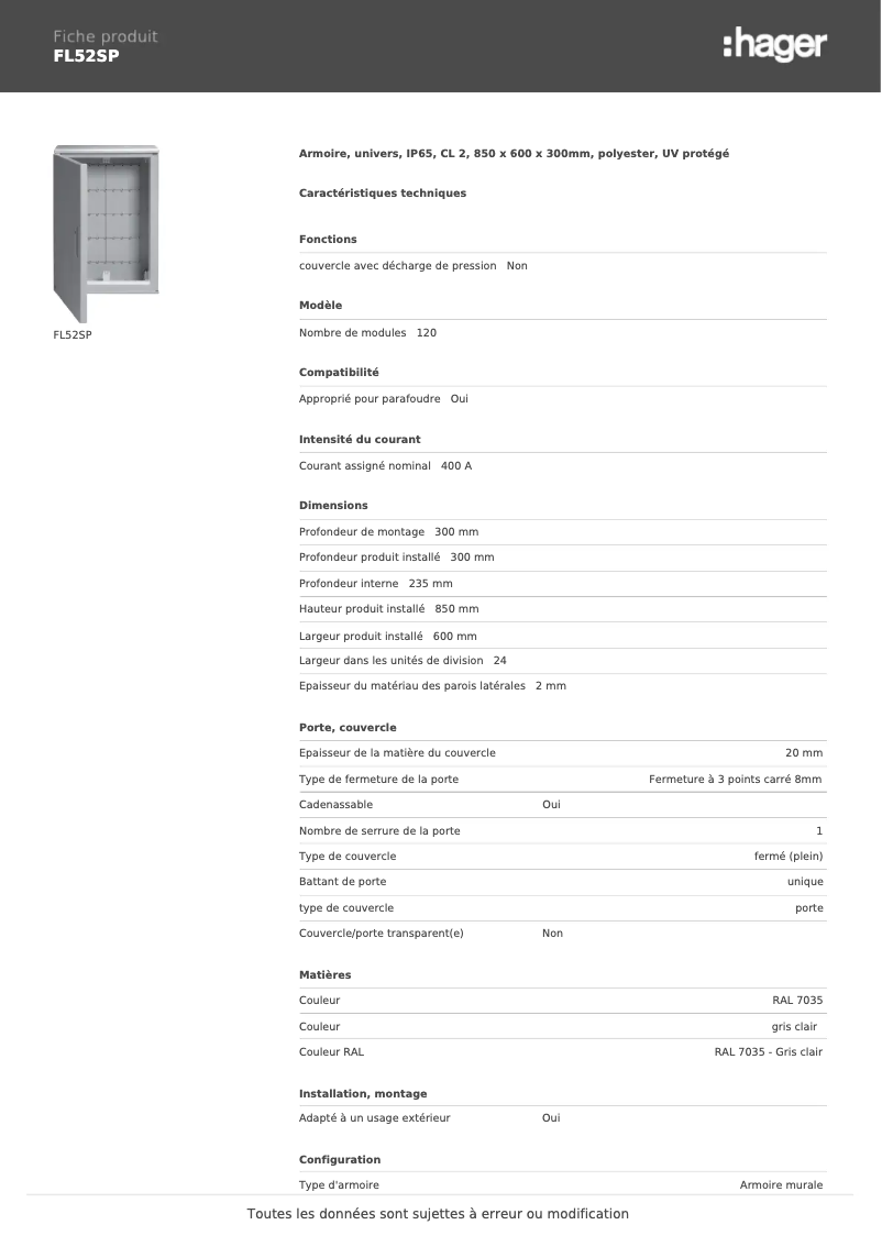 Page n°1 - Manuel utilisateur Hager FL52SP
