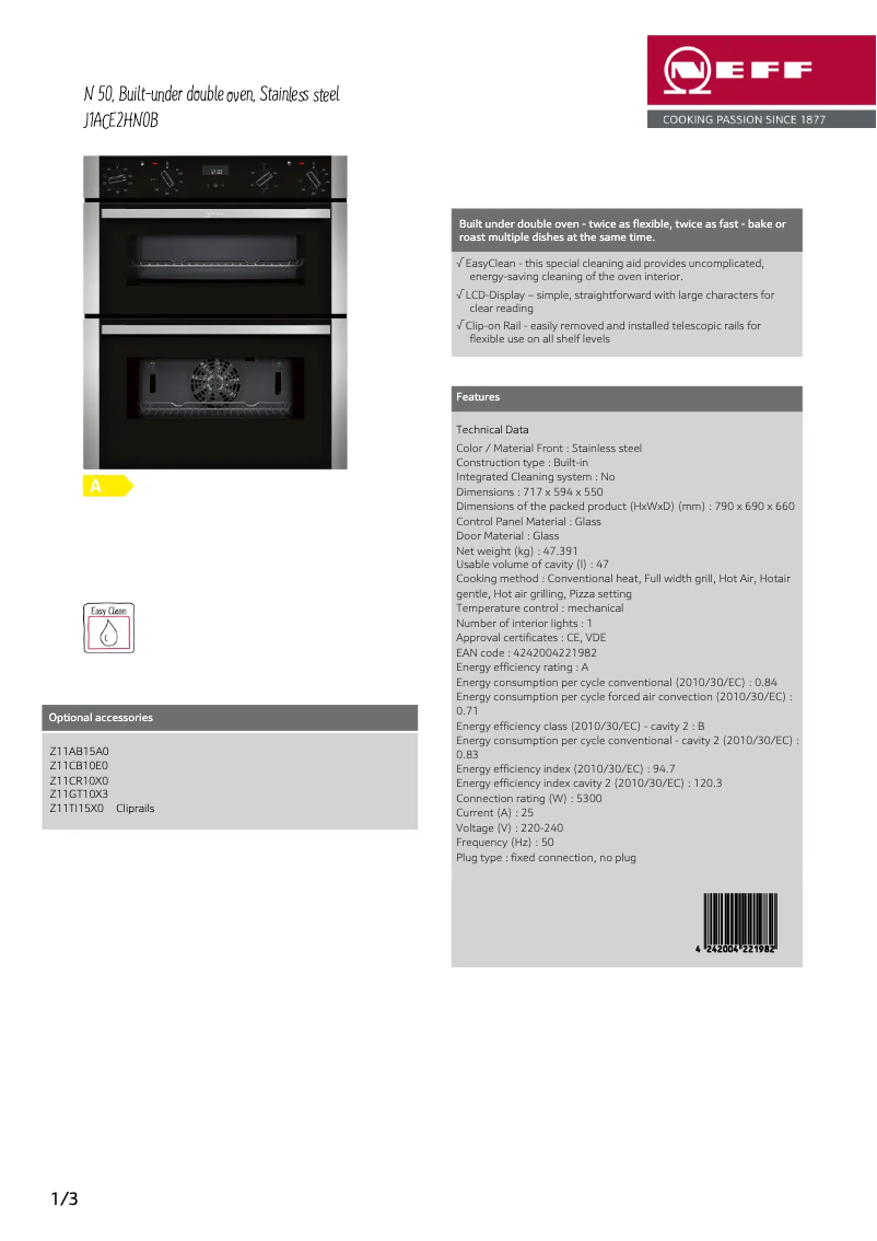 Page 1 de la notice Fiche technique Neff J1ACE2HN0B